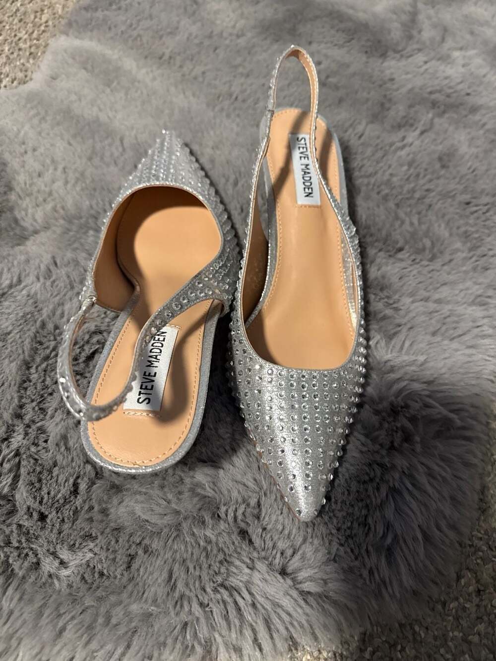 Steve Madden VIXYN Silver Embellished Rhinestone Slingback kitten heels